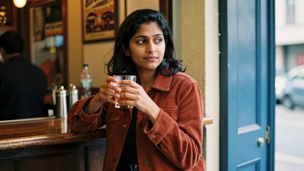 A South Asian woman in her early thirties with dark hair cut to the shoulder is standing at the edge of a busy bar with a drink held low, the room crowded an…