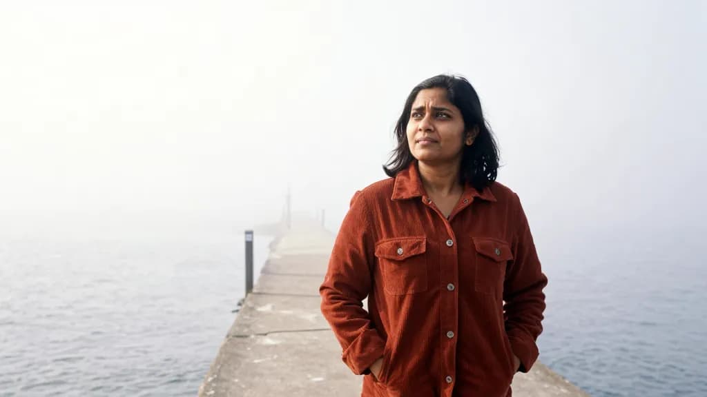 A South Asian woman in her early thirties with dark hair cut to the shoulder is walking a coastal path in thick sea fog, the drop and the water entirely hidd…