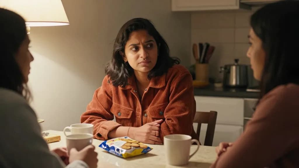 A South Asian woman in her early thirties with dark hair cut to the shoulder is at a kitchen table with two friends late at night, mugs and an open packet of…