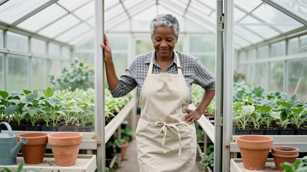 A Black woman in her early fifties with grey-flecked short hair is standing in the doorway of a glass greenhouse, staging benches of seedlings running away b…