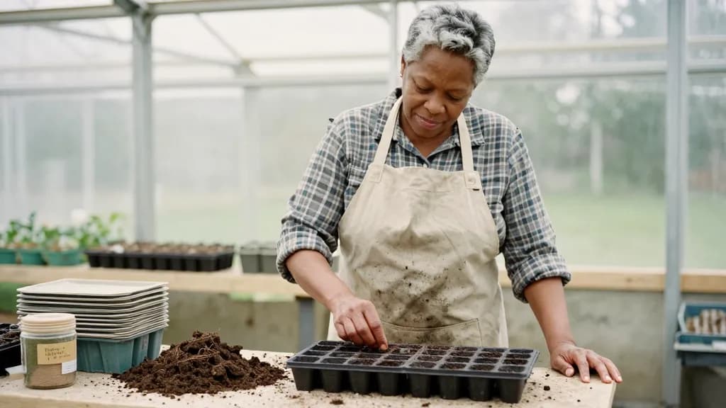 A Black woman in her early fifties with grey-flecked short hair is standing at a potting bench filling seed trays, a heap of compost and a stack of empty tra…