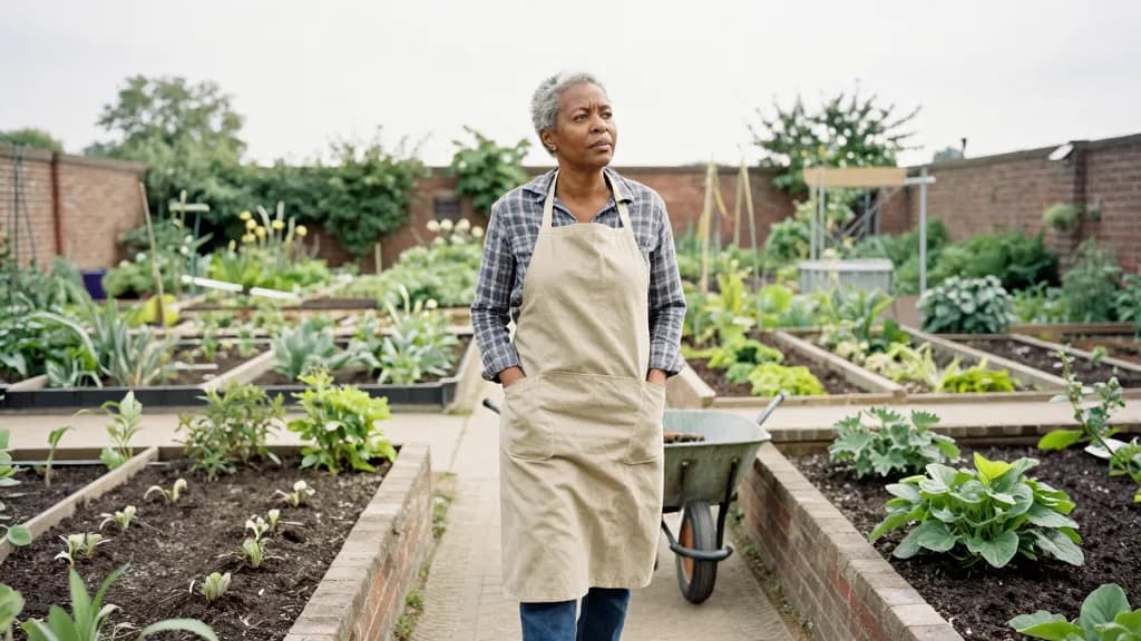 A Black woman in her early fifties with grey-flecked short hair is standing on the central path of a walled kitchen garden divided into a grid of planted bed…