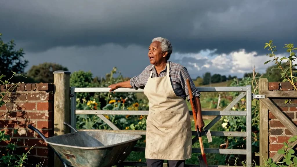 A Black woman in her early fifties with grey-flecked short hair is standing at the garden gate watching a wall of dark rain cloud roll in over the far treeli…