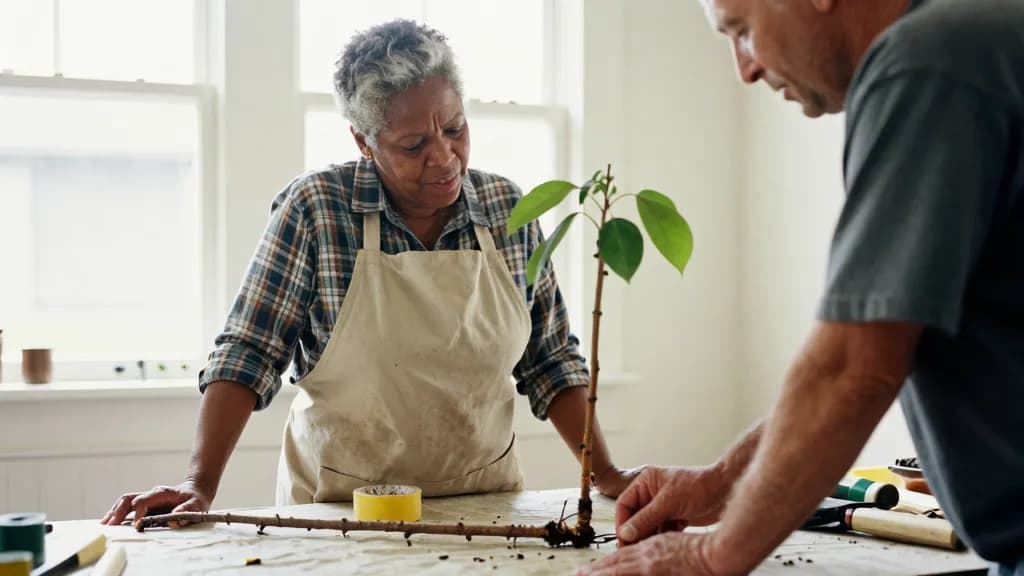 A Black woman in her early fifties with grey-flecked short hair is at a bench grafting a young fruit tree with an older man working beside her, rootstock and…
