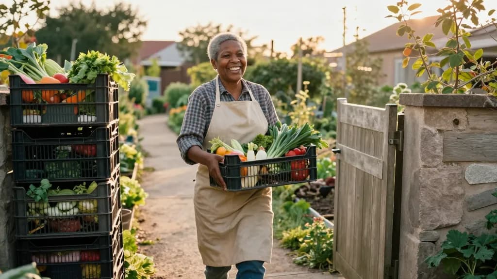 A Black woman in her early fifties with grey-flecked short hair is standing at a garden gate handing a crate of vegetables to a neighbour, more crates stacke…