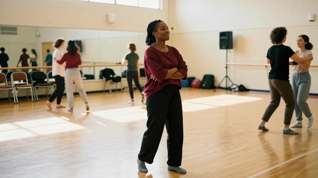 A Black woman in her mid twenties with braids tied up is standing at the edge of a community hall dance class in socks, other beginners scattered across the…