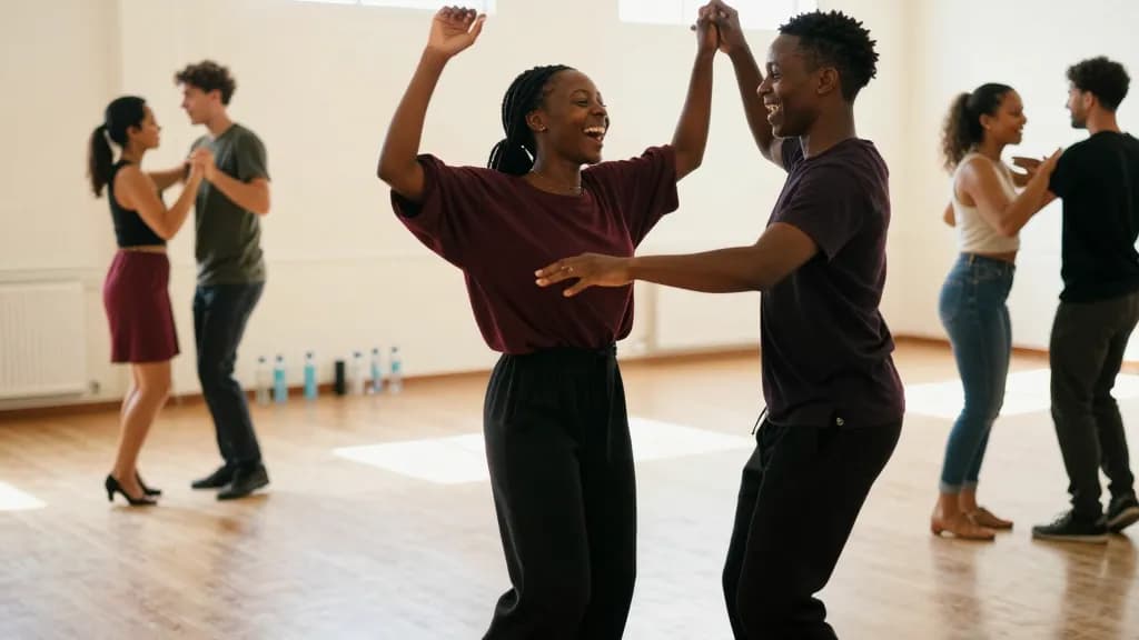 A Black woman in her mid twenties with braids tied up is mid turn in a salsa class with a partner, the two of them out of step and both laughing about it, ot…