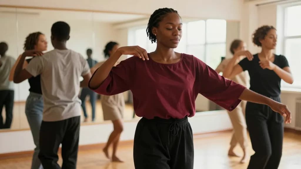A Black woman in her mid twenties with braids tied up is dancing in a close hold with the same partner weeks later, both of them in time now, other couples b…
