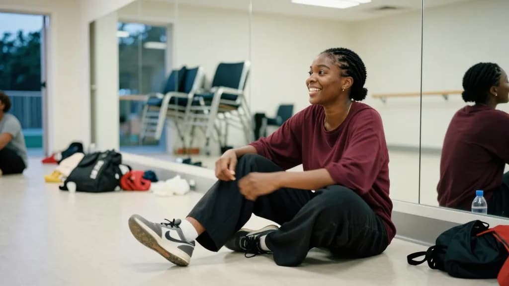 A Black woman in her mid twenties with braids tied up is sitting on the hall floor with her back to the mirrored wall after class pulling on trainers, other…