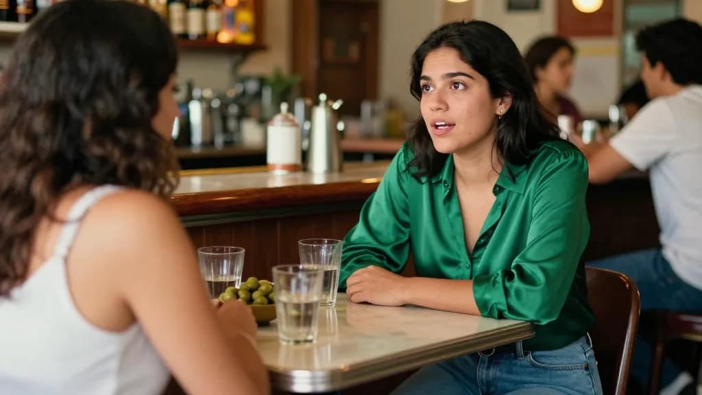 A Latina woman in her early thirties with dark hair worn loose is sitting across a small bar table from another woman, two glasses and a bowl of olives betwe…