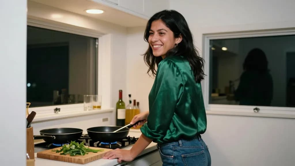 A Latina woman in her early thirties with dark hair worn loose is cooking with her partner in a small kitchen, a chopping board of herbs and two pans going o…