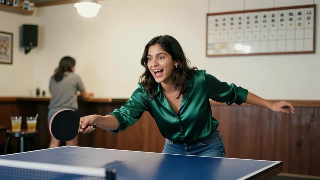 A Latina woman in her early thirties with dark hair worn loose is mid rally at a table tennis table in a bar back room, her partner blurred at the far end, a…