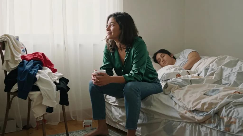 A Latina woman in her early thirties with dark hair worn loose is sitting on the end of an unmade bed on a Sunday morning, a mug on the floor and a heap of y…