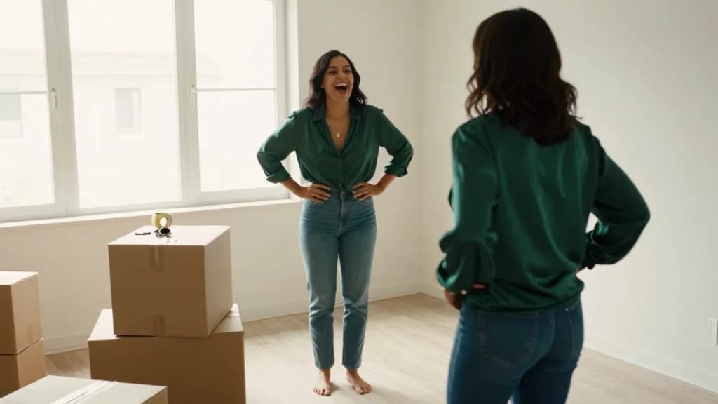 A Latina woman in her early thirties with dark hair worn loose is standing in the empty front room of a new flat surrounded by stacked boxes, a roll of tape…