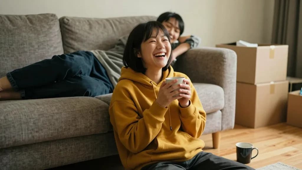 An East Asian woman in her mid twenties with hair in a short bob is sitting on the floor of a half-unpacked shared house living room with a housemate on the…