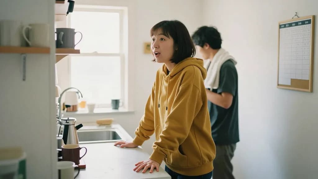 An East Asian woman in her mid twenties with hair in a short bob is in a small shared kitchen early in the morning making coffee while her housemate moves pa…
