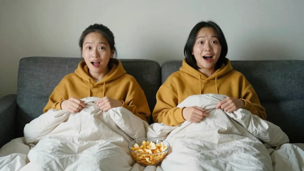 An East Asian woman in her mid twenties with hair in a short bob is on a sofa with her housemate at either end, both of them absorbed in the same film, a bow…