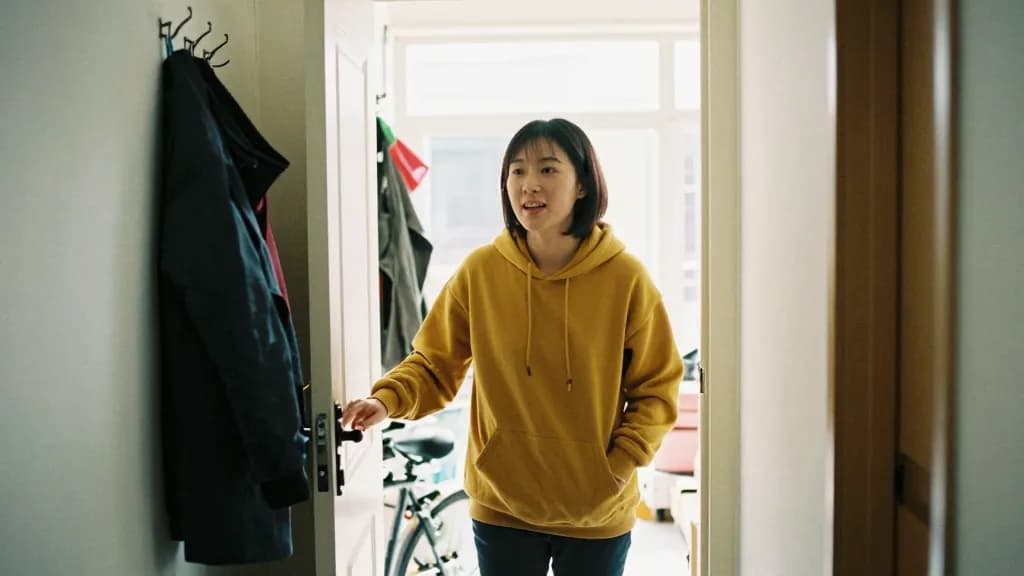 An East Asian woman in her mid twenties with hair in a short bob is standing in the hallway of the shared house holding the front door open, coats crowding t…