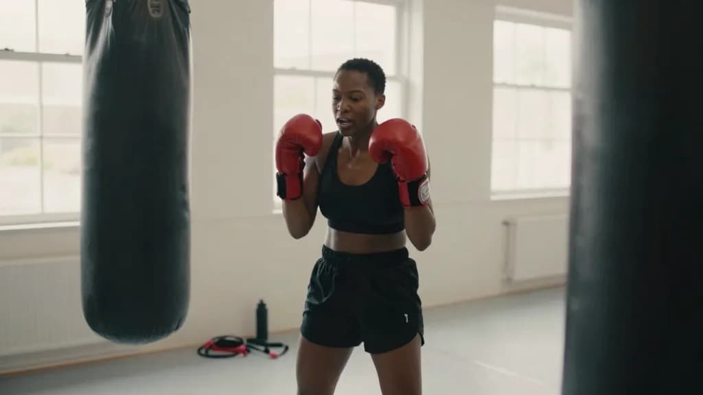 A Black woman in her early thirties with short natural hair and an athletic build is standing in front of a heavy bag in a bare boxing gym wearing black trai…