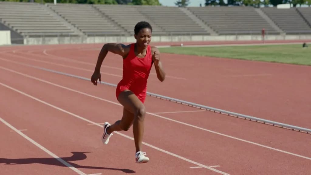 A Black woman in her early thirties with short natural hair and an athletic build is sprinting out of the blocks on an outdoor running track wearing a red ve…