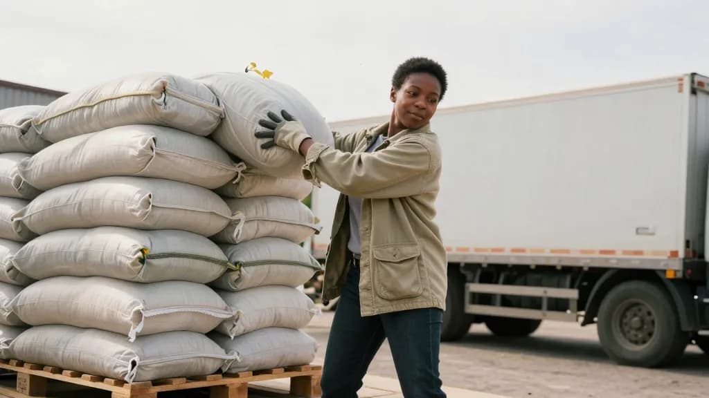 A Black woman in her early thirties with short natural hair and an athletic build is stacking heavy sacks onto a pallet in a builders yard wearing work glove…