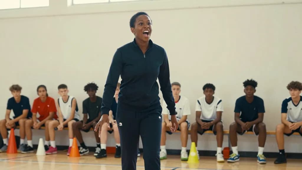 A Black woman in her early thirties with short natural hair and an athletic build is coaching a junior team at the side of a sports hall wearing a zipped tra…