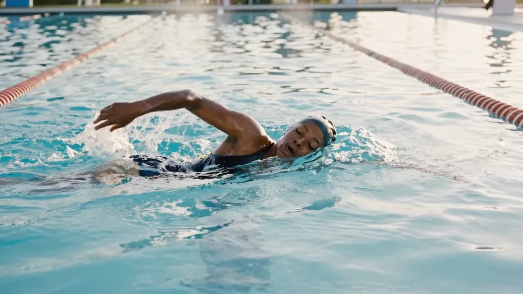 A Black woman in her early thirties with short natural hair and an athletic build is swimming a length in an outdoor pool early in the morning wearing a blac…