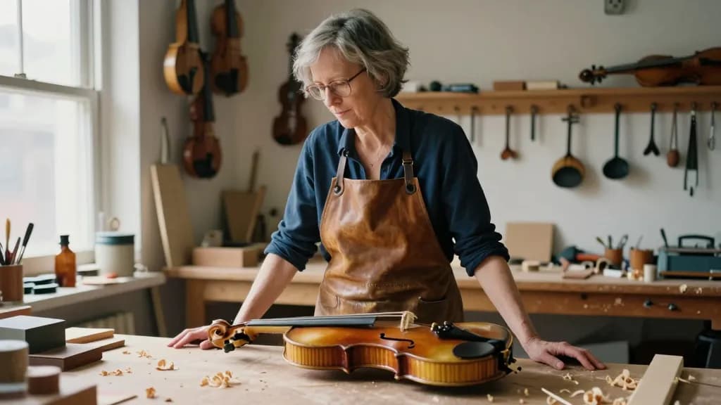 A white woman in her early fifties with short grey hair and reading glasses pushed up on her head is standing at a violin maker's bench in a cluttered worksh…