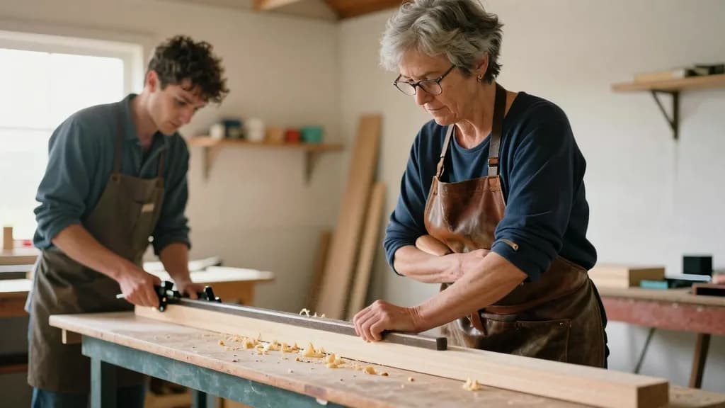 A white woman in her early fifties with short grey hair and reading glasses pushed up on her head is standing beside a young apprentice at a second bench, wa…