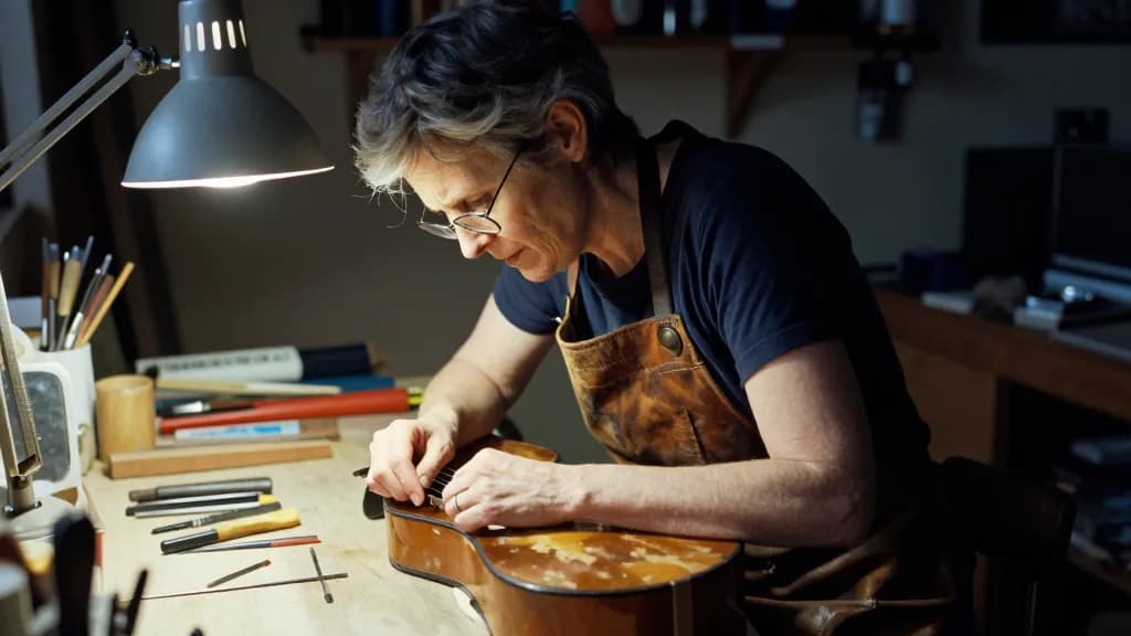 A white woman in her early fifties with short grey hair and reading glasses pushed up on her head is working late at the bench under a single angled lamp, th…