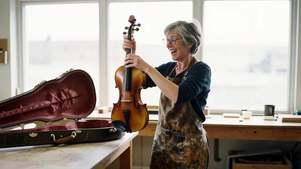 A white woman in her early fifties with short grey hair and reading glasses pushed up on her head is standing at the workshop counter holding an old violin s…