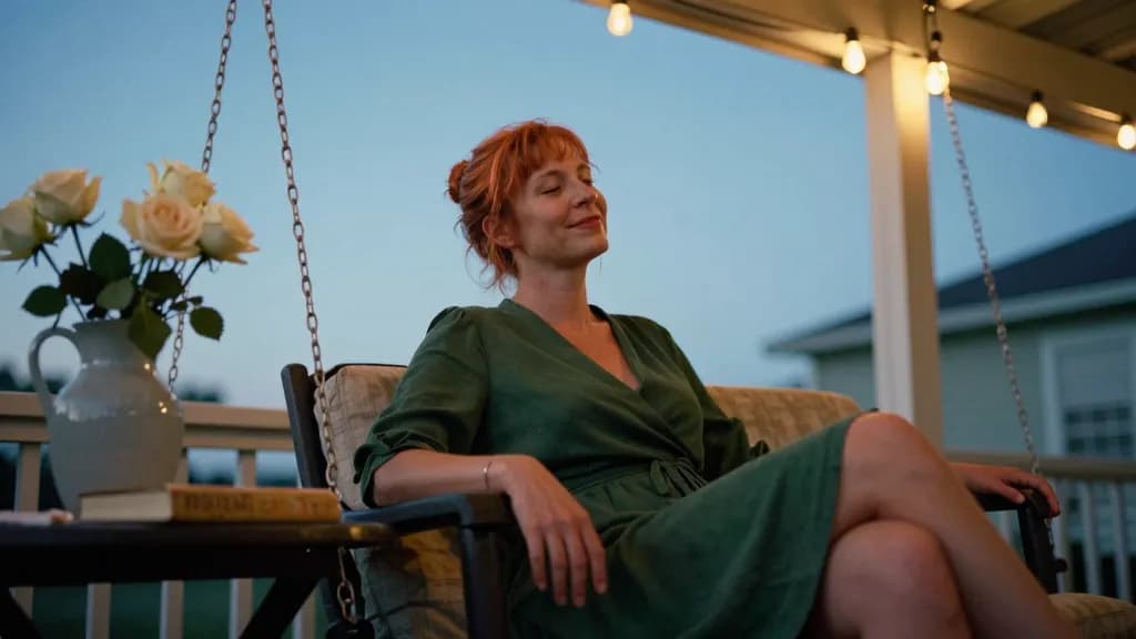 A white woman in her forties with copper hair in a loose knot is sitting on a porch swing in the blue half hour after sunset, a jug of pale roses and a close…
