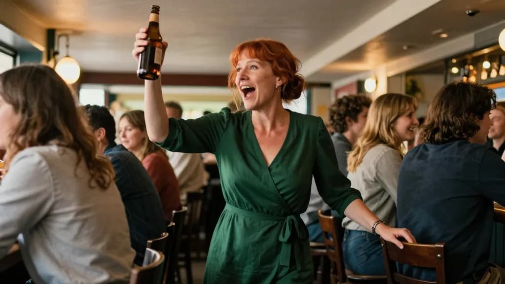 A white woman in her forties with copper hair in a loose knot is standing in a busy bar holding a bottle up to get the attention of friends across the room,…