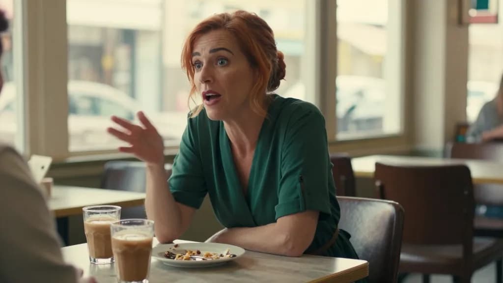 A white woman in her forties with copper hair in a loose knot is sitting across a café table from someone mid conversation, two cold coffees and a plate of c…