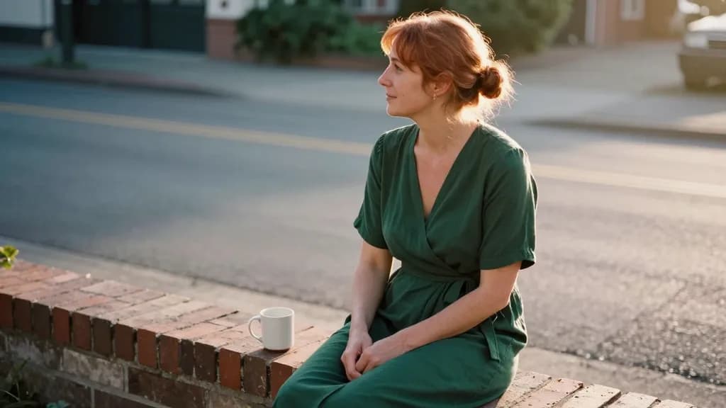 A white woman in her forties with copper hair in a loose knot is sitting beside someone on a low garden wall in the evening, both of them facing out at the s…
