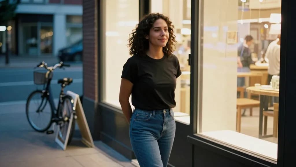 A Latina woman in her mid twenties with dark curly hair worn loose is standing on a city pavement at dusk in front of a lit shop window, her reflection faint…