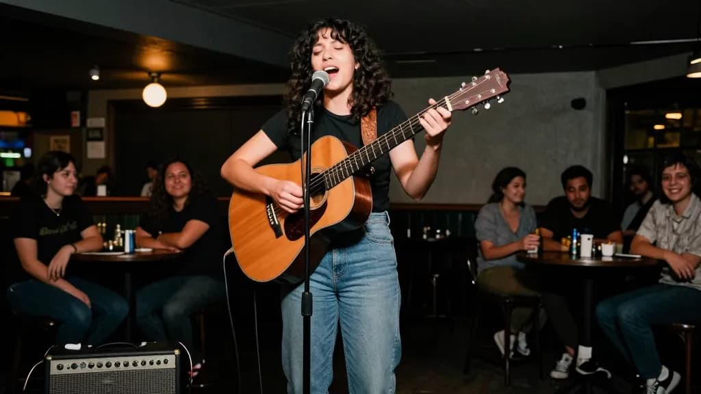 A Latina woman in her mid twenties with dark curly hair worn loose is on a small stage at an open mic night in a bar back room, an amp and a coiled cable at…
