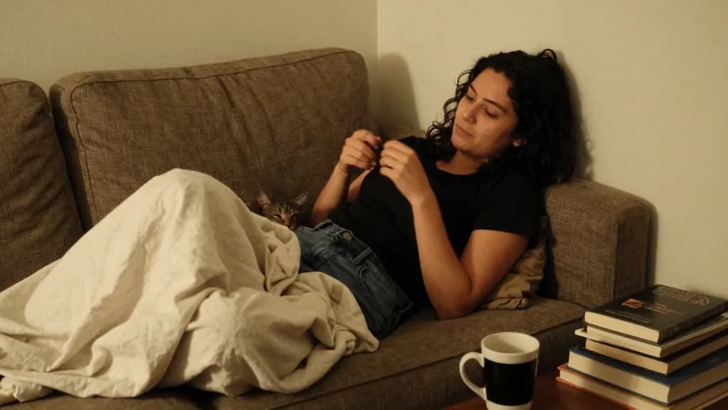A Latina woman in her mid twenties with dark curly hair worn loose is curled in the corner of a sofa late at night under a heavy blanket, a cat asleep agains…
