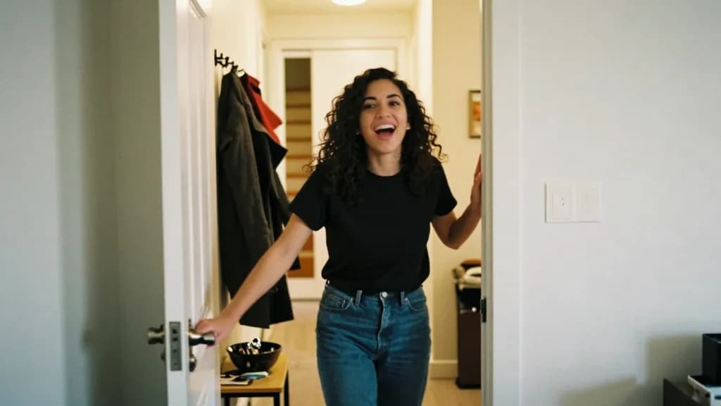 A Latina woman in her mid twenties with dark curly hair worn loose is standing in the open front doorway of an apartment welcoming arrivals to a party, coats…