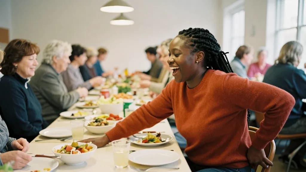A Black woman in her mid thirties with braids gathered at the nape is at a long trestle table at a crowded community supper with a dozen very different peopl…