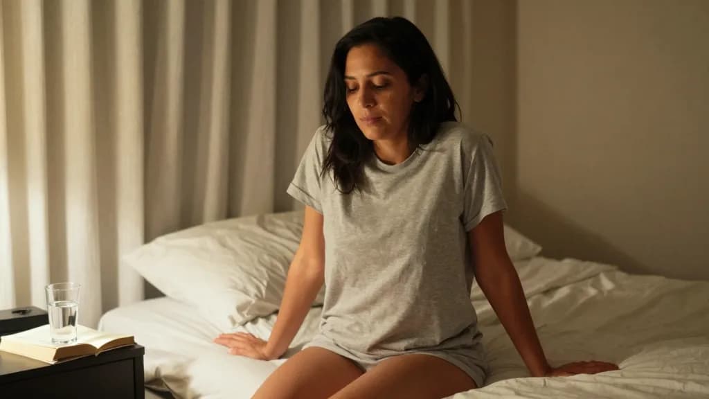 A Latina woman in her late thirties with dark hair loose is sitting on the edge of her bed in a dim bedroom late at night with a glass of water on the nights…