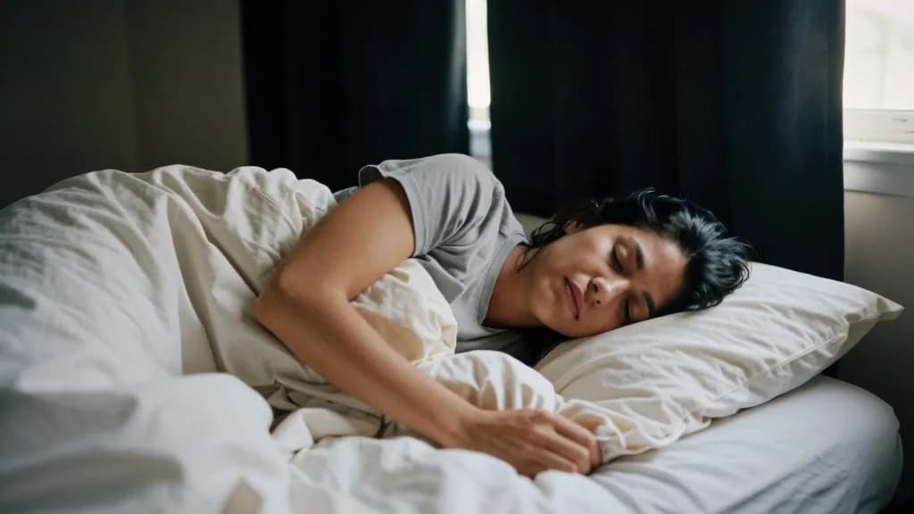 A Latina woman in her late thirties with dark hair loose is deeply asleep in a darkened bedroom with blackout curtains drawn and a folded blanket over the du…