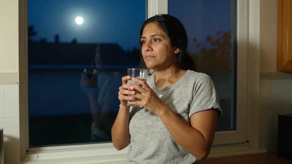 A Latina woman in her late thirties with dark hair loose is standing at a kitchen window at three in the morning with a glass of water, the house dark behind…