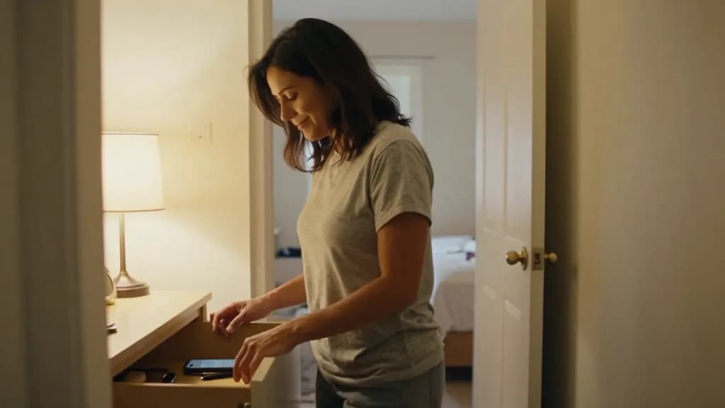 A Latina woman in her late thirties with dark hair loose is putting a phone into a drawer in a hallway before bed, a lamp on low and the bedroom door open be…