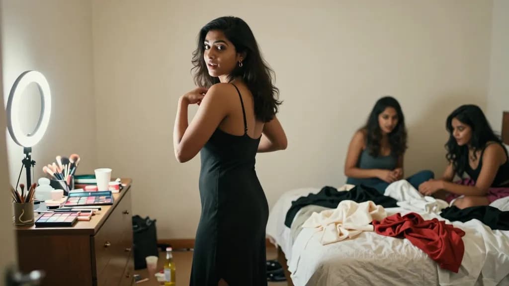 A South Asian woman in her mid twenties with long dark hair worn loose is in a small bedroom getting ready with two friends, the bed covered in discarded clo…