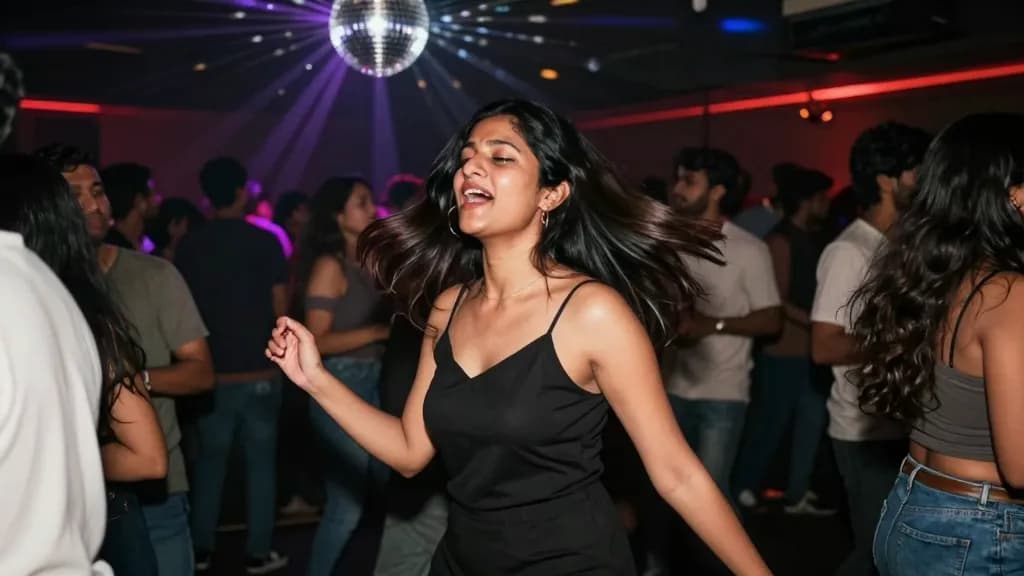 A South Asian woman in her mid twenties with long dark hair worn loose is in the middle of a packed dance floor in a dark club, a disco ball throwing spinnin…