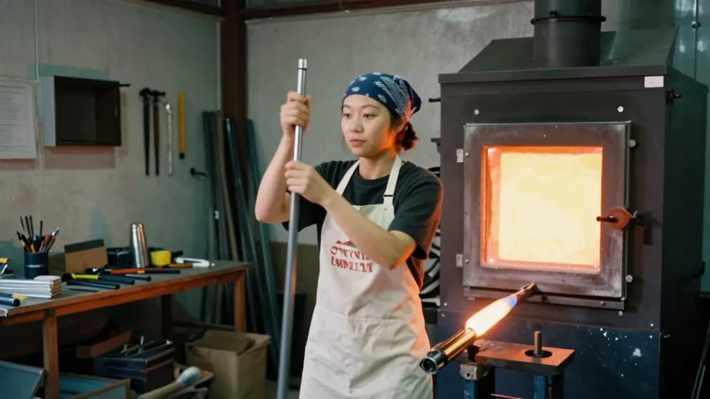 An East Asian woman in her twenties with hair tied back under a bandana is standing in a glassblowing hot shop in front of a glowing furnace door, blowpipes…