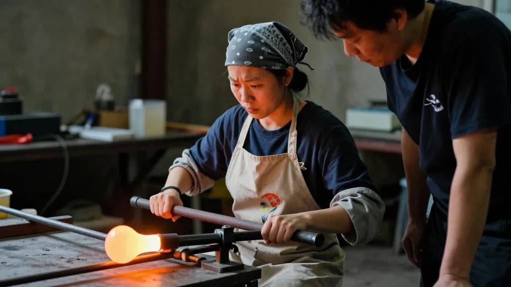 An East Asian woman in her twenties with hair tied back under a bandana is turning a blowpipe on the rails at the bench with molten glass glowing at the end,…