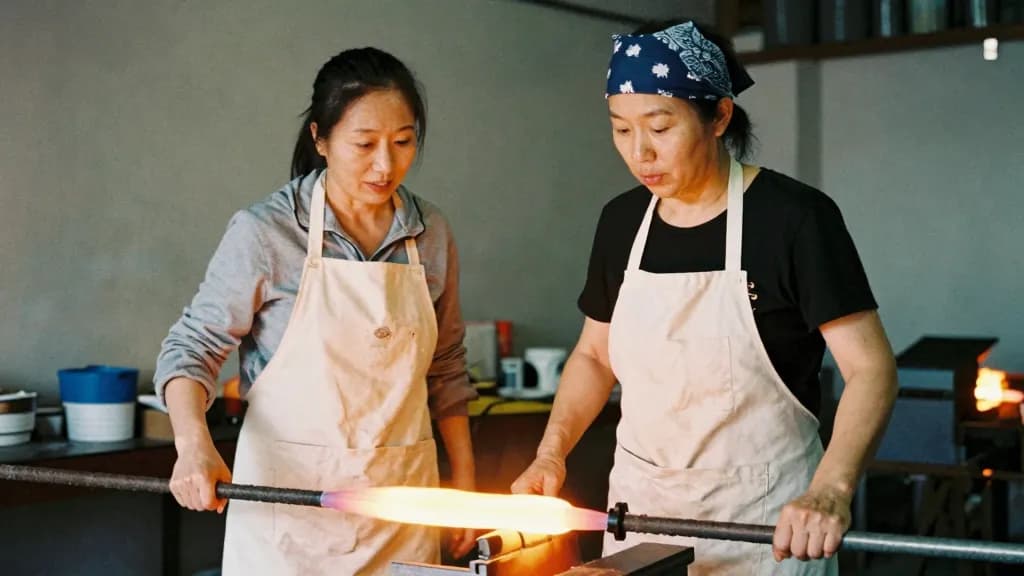 An East Asian woman in her twenties with hair tied back under a bandana is standing beside the older glassblower as he demonstrates, both of them watching th…