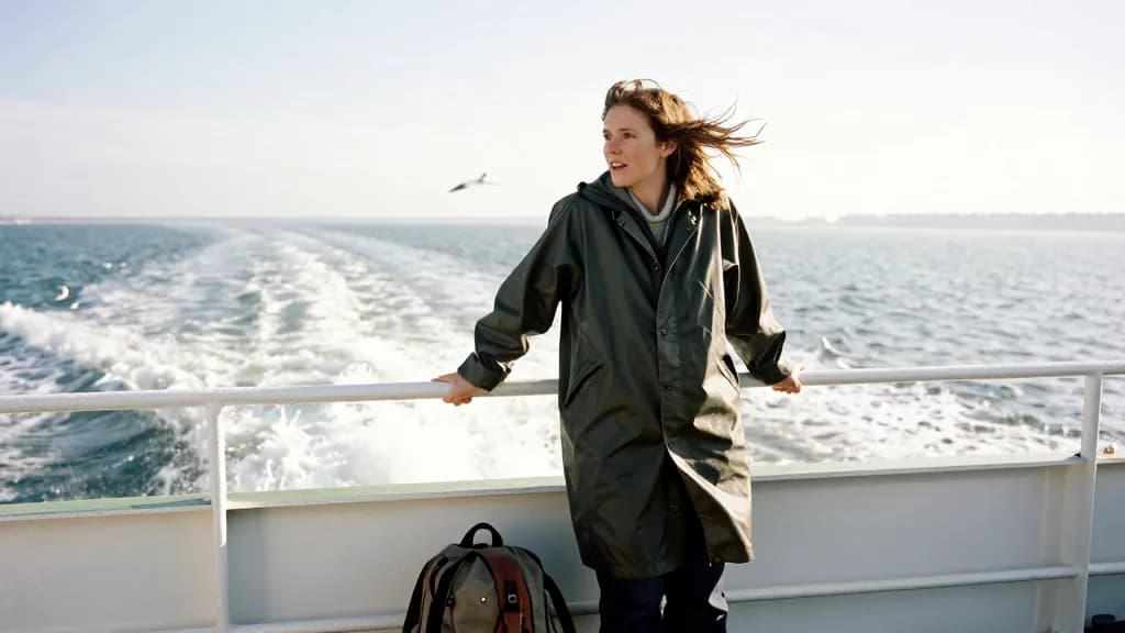 A white woman in her thirties with hair whipping loose is standing at the stern of a car ferry watching the harbour recede, a rucksack at her feet and gulls…
